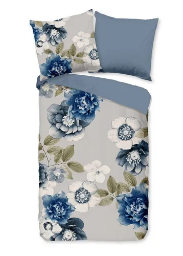 Traumschloss Bettwäsche Comfort Baumwolle, Flanell, 2 teilig, blaue Blumen auf grauen Hintergrund