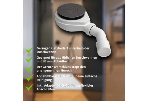 WITEN&NOCK Duschablauf Ablaufgarnitur SET Siphon 90mm mit Geruchsverschluss & Haarsieb, 1-tlg.