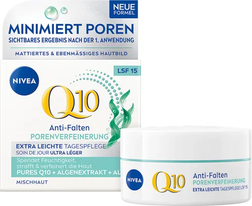 NIVEA Q10 Anti-Falten PORENVERFEINERUNG Extra Leichte Tagespflege, straffende Tagescreme mit LSF 15, Gesichtspflege für Mischhaut mit Q10, Algenextrakt und Aloe (50 ml)