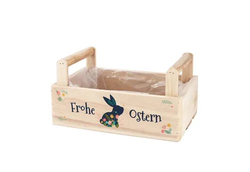 Herz & Heim Geschenkbox zu Ostern - Pflanzkorb aus Holz als Osterkorb für Ostergeschenke, 2 Griffe, mit Folie ausgekleidet