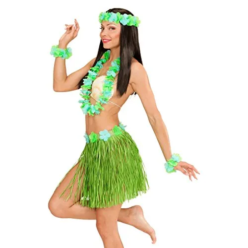 NET TOYS Damen Hawaii Set grün Sommer Kostüm Hularock Bast Rock Armband Bastrock Hawaiikette Blumenkette Aloha Schmuck Blumen Kette Kopfschmuck