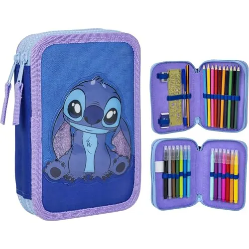 Disney Federmäppchen Lilo und Stitch - 2-stöckig und gefüllt - Praktisches Federmäppchen mit Lilo und Stitch Design, perfekt für Schule und Freizeit. Maße: 19.5 x 12.5 x 4.5 cm, leicht und handlich für Kinder.