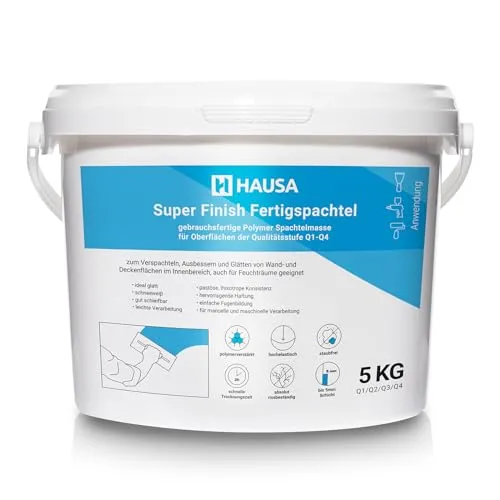 Super Finish Spachtelmasse Fertigspachtel für Innen Feinspachtel Trockenbau Spachtel Gipsspachtel Feinputz Fertigspachtelmasse Spachtelgips Flächenspachtel Q1-Q4 Masse Gips Füll weiß 5kg HAUSA
