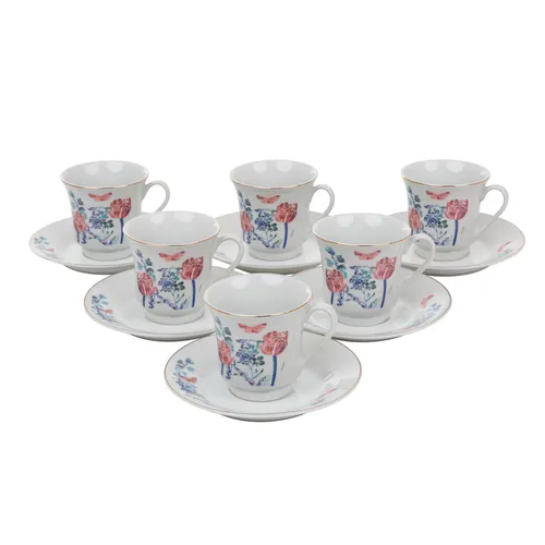 DOMOTTI Kaffeeservice 6 Personen Blumen Clara 12-teilig aus Porzellan mit Gol...
