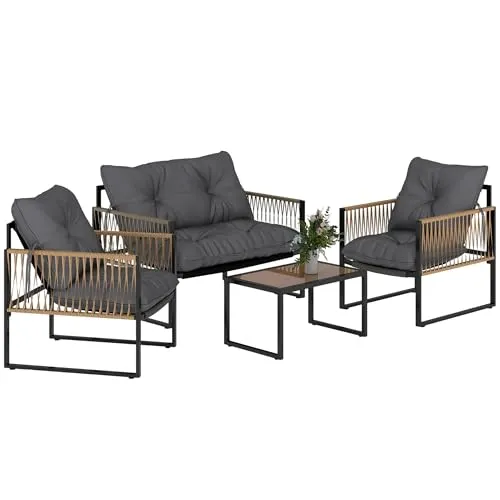 Outsunny Gartenmöbel-Set - Dunkelgrau, 106Lx70Wx72Hcm - Gartenmöbel-Set mit bequemem Sofa und Sesseln, wetterfestes Polyrattan und rostfreier Stahlrahmen für langlebigen Komfort im Freien.