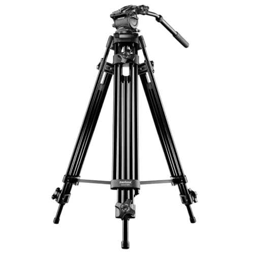 Mantona Dolomit 1300 Videostativ - Stativ für DSLR und Videokamera, 188 cm hoch, mit fluidgedämpftem Neiger und beleuchteter Wasserwaage für präzise Aufnahmen.