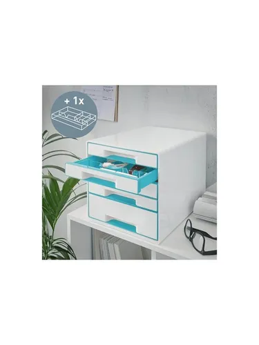 LEITZ Schubladenbox WOW Cube perlweiß eisblau 52142051 - DIN A4 mit 5 Schubladen, sichere Auszugssperre und platzsparend stapelbar für Ihr Heimbüro