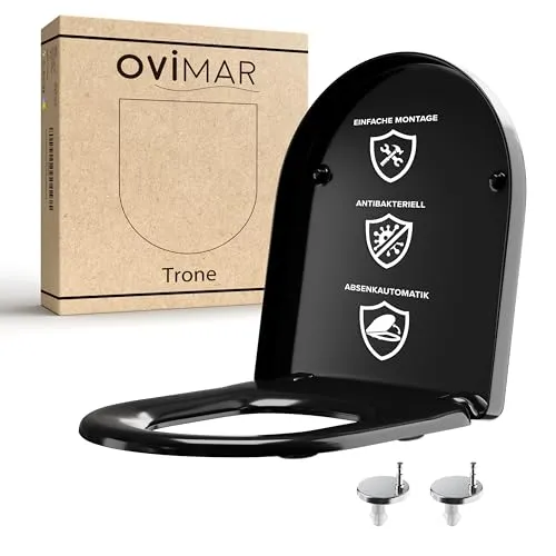ovimar WC Sitz Trone D Form | Schwarz | Softclose Toilettendeckel - WC-Sitz in D-Form mit komfortabler Absenkautomatik und Quick-Release-Funktion für einfache Reinigung. Stabil aus Duroplast, belastbar bis 150 kg – ideal für jedes Badezimmer.
