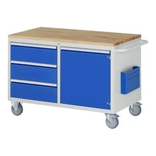 Rau Werkstattwagen Serie 7000, 450kg Tragkraft - Montagewagen mit Buche-Massiv-Arbeitsplatte, ideal für Werkstätten. Robuste Konstruktion und zentrale Abschließbarkeit bieten Sicherheit und Funktionalität.