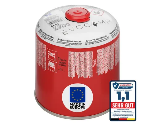 EVOCAMP Gaskartusche Ventilkartusche mit Butan/Propan Gas EN 417 500g mit Schraubventil, 1 St.