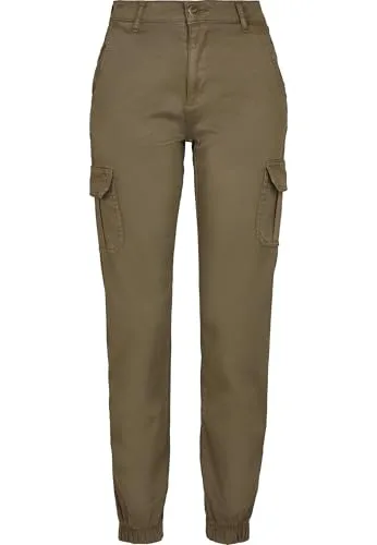 Urban Classics Damen High Waist Cargo Pants, Olive, 28 - Stylische High Waist Cargo-Hose für Damen mit 2 seitlichen Eingrifftaschen und 2 aufgesetzten Seitentaschen - perfekt für lässige Looks!