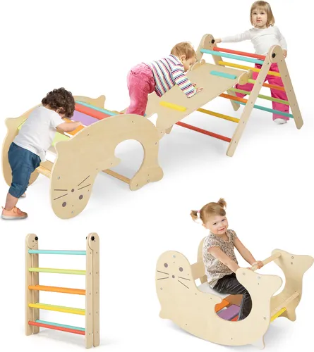 COSTWAY Kletterdreieck mit Rutsche - 7 in 1 Spielspaß für Kinder - Klettergerüst für drinnen, fördert Fitness und Motorik mit 7 Spielbereichen, höhenverstellbar und klappbar für platzsparende Lagerung.