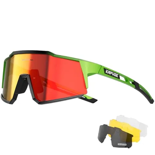 KAPVOE Polarisiert Fahrradbrille mit 4 wechselgläser TR90 Rahmen für Herren Damen Sport Radfahren MTB Sportsonnenbrille Radbrille Sportbrille Fahren Angeln Baseball Laufen Grün Schwarz 07