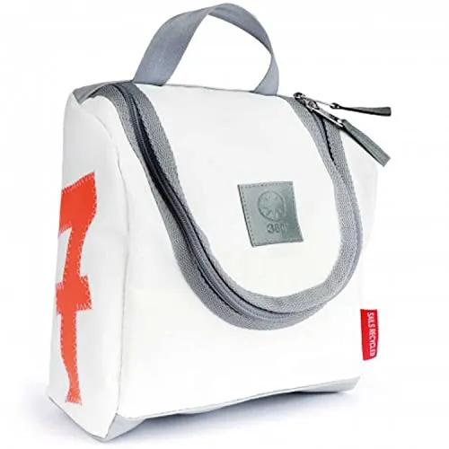 Grad Kulturtasche XL Matrose, Segeltuch in Weiß mit Neon-Orange Zahl - Reisetasche aus recyceltem Segeltuch, individuell mit Neon-Zahl, 3,5 Liter Volumen, ideal für Reisen und sportliche Aktivitäten.