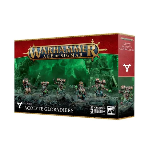 Games Workshop - Warhammer Skaven Acolyte Globadiers - Modellbausatz mit 5 Skaven-Akolyten, ideal für strategische Kämpfe. Fügen Sie Ihrer Armee tödliche Waffenteams hinzu und gestalten Sie Ihre Miniaturen individuell mit Gasmasken und Drucktanks.