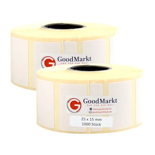 GoodMarkt Thermodirekt Etiketten selbstklebend | 25x15 mm 2 Rolle, weiß, 2000 Etiketten | Kompatibel mit Brother, Zebra | Haushaltsetiketten, Barcodeetiketten, Marmeladenetiketten