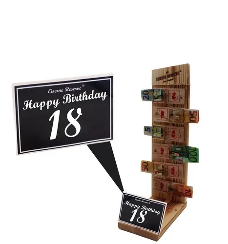 Eiserne Reserve® Geschenkbox Happy Birthday 18 - Mausefalle Premium - Messbecher und kreative Geldgeschenkidee in Form einer Mausefalle, ideal für den 18. Geburtstag, aus hochwertigem Fichtenholz, in ansprechendem Braun.