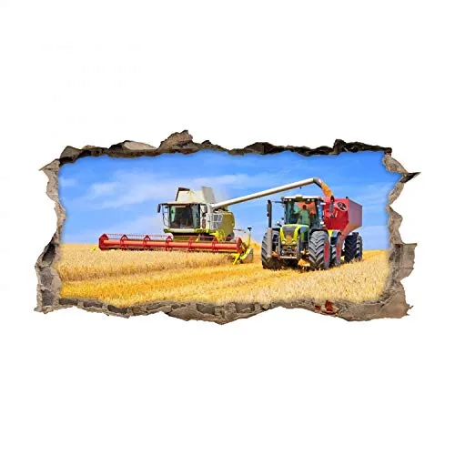 Wandtattoo Mähdrescher und Traktor - Loch in der Wand - Coole Kinderzimmer Sticker Aufkleber Wanddeko Wandbild Junge Trecker - Größe 750 x 380 mm 134