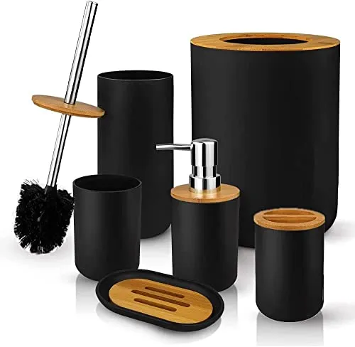Tiamu 6 Pack Bambus-Badezimmer-Zubehör-Set, Badzubehör mit WC Toilettenbürste, Seifenspender, Zahnbürstenhalter Becher, Seifenschale, Seifenspender, Mülleimer, Modern Badaccessoires (Schwarz)
