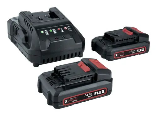 FLEX Ladegerät + 2 Akkus SET 2,5 AH 18 VOLT P-Set 22 Q - Akkus & Aufladegeräte, leistungsstarkes Set mit zwei langlebigen 2,5 Ah Akkus für optimale Nutzung Ihrer FLEX Werkzeuge.