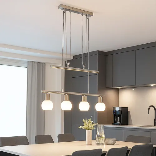 Höhenverstellbare LED Pendellampe 4-flammig, nickel matt, Glas opal - Elegante Pendelleuchte für Esstische, höhenverstellbar von 100-160 cm, mit warmweißem Licht (4x 430lm) und langlebigen LED-Leuchtmitteln, ideal für stilvolle Wohnbereiche.