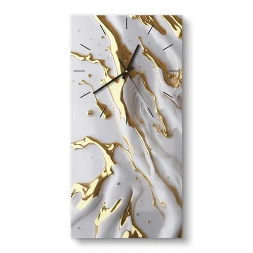 DEQORI Glasuhr | horizontal 30x60 cm | Motiv Goldene Fließkraft | große XXL Design Uhr aus Glas | leise Wanduhr für Wohnzimmer & Küche | moderne Hingucker Uhr für die Wand