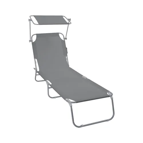 VOUNOT® Sonnenliege Klappbar, Gartenliege mit Dach und 4-Fach Verstellbarer Rückenlehne, Leichte Strandliege für Garten, Terrasse, Camping, Pool & Strand, Grau