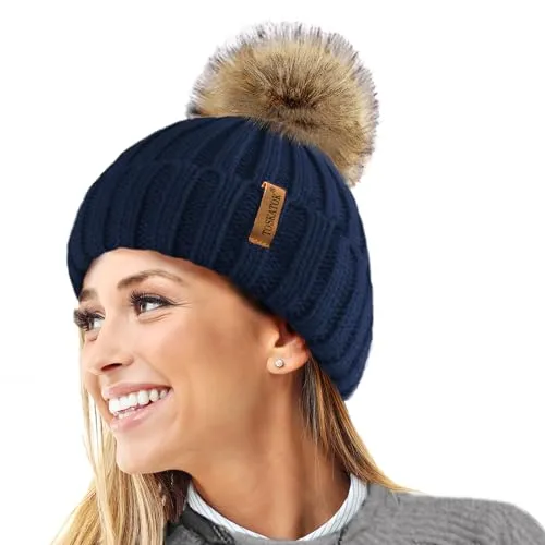 TOSKATOK® Womens Winter-Rib Strickmütze/Beanie mit abnehmbaren Chunky Faux Fur Bobble Pom Pom-Navy