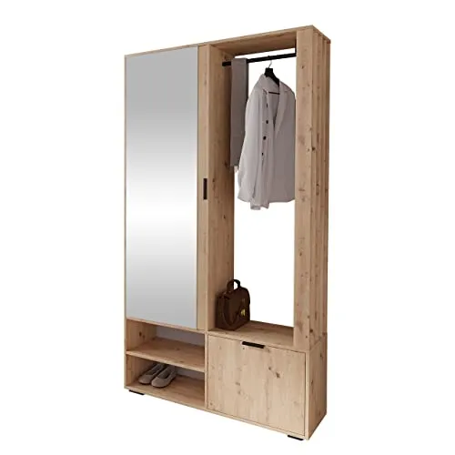 MIRJAN24 Garderobe-Set Milo mit Spiegel - Flurgarderobe im Loft Stil mit Kleiderstange und modernem Design, ideal für jeden Eingangsbereich. Maße: 100 cm Breite, 190 cm Höhe, 33 cm Tiefe. Flexibel aufstellbar für individuelle Raumgestaltung.