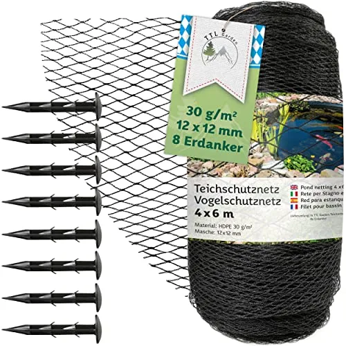 TTL Garden 4x6m Teichnetz Vogelschutznetz schwarz 30g/m² - 12x12mm engmaschig Starkes HDPE Poolnetz Obstbaumnetz Gartennetz, Vogelabwehr Netz, reißfest dehnbar robust mit 8 Bodenanker