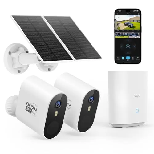 aosu 2K Überwachungskamera Aussen Akku Solar, 2 Cam-Kit mit Home Station, ohne Abonnement, 120 Tage Lokaler Speicher, Bewegungserkennung Licht- & Tonalarm 2-Wege-Audio Farb-Nachtsicht, 2.4/5GHz WLAN