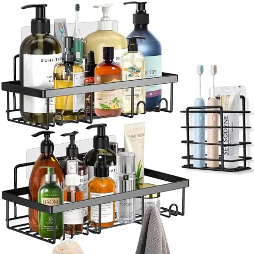 COZII Duschablage Ohne Bohren, Duschregal Ohne Bohren, 3 Stück Badezimmer Regal, Rostfrei Schwarz Duschregal, Duschkorb mit 8 Haken für Bad und Küche
