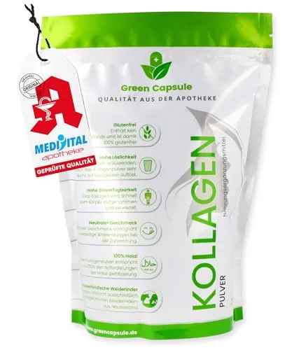 Green Capsule® Kollagen Pulver - Premium Collagen Hydrolysat Typ I - Kollagen-Präparate mit sofortiger Löslichkeit und hochabsorbierbaren Peptiden aus 100% Weidehaltung für straffe Haut und kräftige Haare.