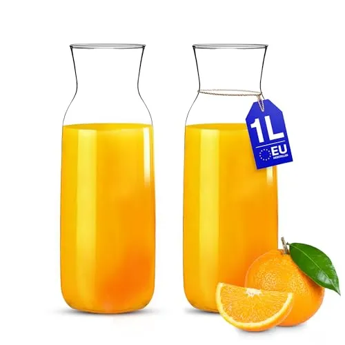 KONZEPT Wasserkaraffe ohne Deckel 2er Set, Glaskaraffe 1 liter, Karaffe ideal für Wasser, Saft, Wein, Limonade, Coctails und Milch