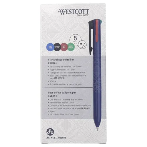 Westcott Vierfarbkugelschreiber EVERY4 5 Stück | 4 Farben Kugelschreiber Blau, Schwarz, Rot, Grün | Mehrfarbiger Kugelschreiber Dokumentenecht nach ISO 12757-2 | E-730847 00