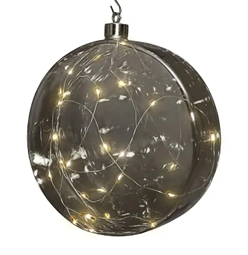 LED Glas Disc 12 cm warm weiß beleuchtet - transparent anthrazit - Weihnachtsdeko Kugel Batterie betrieben mit Timer - Weihnachten Advent Deko Beleuchtung Stimmungslicht (grau)