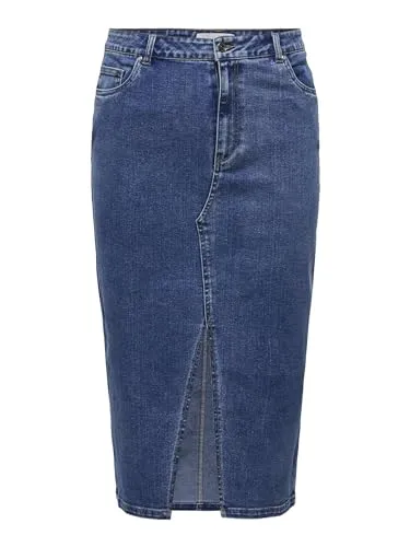 ONLY CARMAKOMA Damen Carsiri Front Slit Skirt - Midirock in Medium Blue Denim - Röcke für Damen, lässiger Midi-Rock mit Schlitz-Detail und Gürtelschlaufen für einen modernen Look.