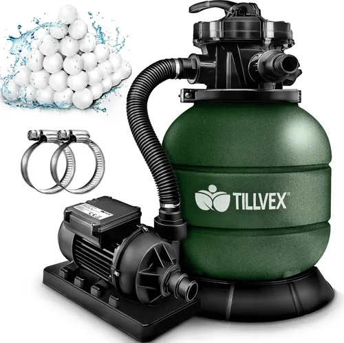 tillvex Sandfilteranlage 7.900L/h mit Pumpe und 400g Filterbällen - Leistungsstarke Sandfilteranlage für Pools mit 7-Wege Ventil und max. Fördermenge von 10.200 l/h. Inklusive 800g Filterbällen für optimale Wasserqualität.