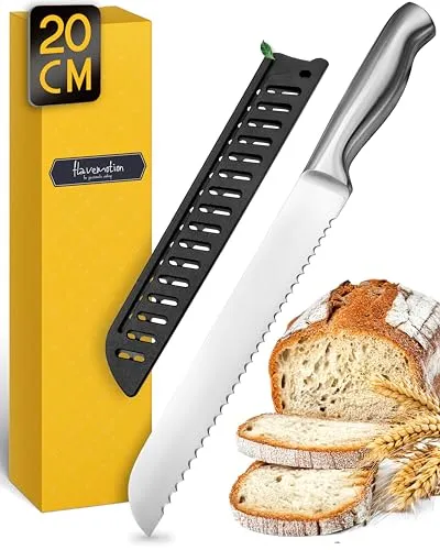 Flavemotion Scharfes Brotmesser mit Wellenschliff mit 20cm Klingenlänge, Großes Brotschneidemesser aus langlebigen Edelstahl für präzises und müheloses Brot Schneiden, Sägemesser für Brot & Brötchen