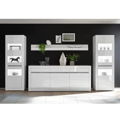 Lomadox Wohnwand-Set mit Vitrinen und LED in Weiß Hochglanz - Moderne Wohn-Esskombi in Hochglanz Weiß mit pflegeleichten Oberflächen und stilvoller LED-Beleuchtung für ein elegantes Wohnzimmer. Inklusive Sideboard und Vitrinen für optimalen Stauraum.