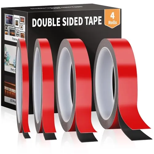 Euqvunn Doppelseitiges Klebeband 3,0 m × 4 Rollen, Extra Stark Klebeband Ablösbar, Schaumstoffband, für Teppiche, Wandhaken, Dekorationen, LED-Streifenlichter (0,6/1/1,5/2 cm × 0,8 mm)