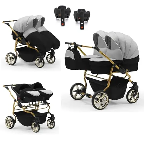 Zwillingskinderwagen 5 in 1 Duet Lux Goldedition inkl. Autositze und Iso Bases - 14 Teile - in 20 Farben