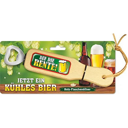 AV Andrea Verlag Holz Flaschenöffner - Auf die Rente - Jetzt EIN kühles Bier, mit Leberriemen zum Anhängen. 3D Aufkleber mit lustigem Spruch