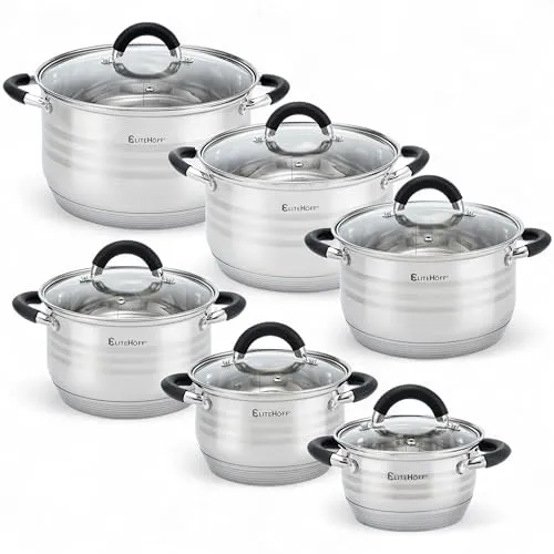 EliteHoff Topfset Induktion 12-teilig, Kochtopf Set mit Glasdeckeln und Silikongriffen, 7-lagiger Edelstahl Topf Set Induktionsgeeignet, Kochgeschirr Set für alle Herdarten, Silver/Schwarz (E-4027)