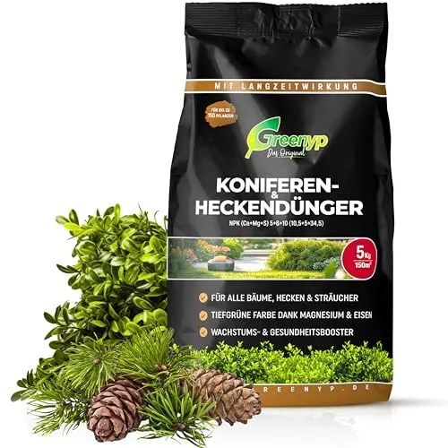 Greenyp Universal Heckendünger I 10kg für 300m² I für alle Bäume, Sträucher & Hecken I Koniferen Langzeitdünger mit Eisen + Magnesium und 3 Monate Düngekraft I Schnelles Wachstum Neuanpflanzungen