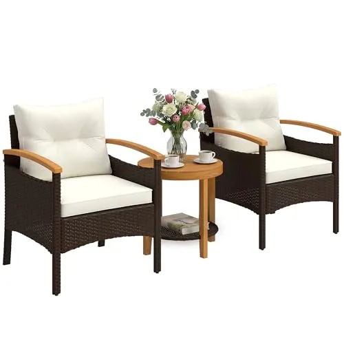 Outsunny 3-teiliges Rattan Bistroset mit Akazienholz-Tisch - Stilvolles 3-teiliges Balkonmöbel Set mit zwei bequemen Sesseln und einem eleganten Tisch aus Akazienholz. Ideal für entspannte Stunden auf Balkon oder Terrasse. Robuste Konstruktion mit wetterfestem Rattan und verstellbaren Füßen.