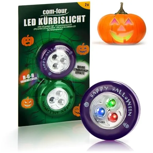 com-four® 2x LED-Licht für Halloween - Farbwechsel & Stroboskop Effekt - Bastel- & Malmaterialien: Diese blinkenden Kürbis-LED-Lichter sorgen für eine schaurig schöne Atmosphäre und bringen Ihre geschnitzten Kürbisse zum Leuchten!