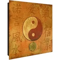 Banjado Großer Schlüsselkasten Glas 30x30cm Schwarz Scharnier Links 50 Haken Beschreibbar Magnetisch Motiv Yin Yang