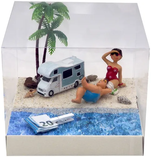 ZauberDeko Geschenkbox für Wohnmobil-Fans - Hochwertige Geldgeschenk Verpackung für Campingurlaub-Enthusiasten. Mit Dekofiguren und künstlicher Palme, ideal für unvergessliche Reisen. Maße: 18 x 18 x 14 cm. Handgefertigt und perfekt für kreative Geschenke!