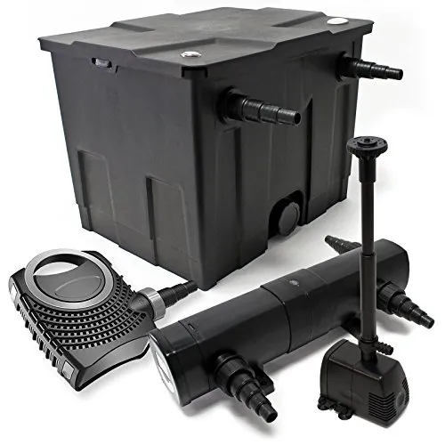 Wiltec Komplettset: CBF-350 Teichfilter bis 12000 L Teichfilteranlage, NEO10000 Teichpumpe 10000l/h 80W, CUV-218 Teichklärer 18W, 25m Teichschlauch 25 mm, HJ-943 Springbrunnen 800l/h 16W